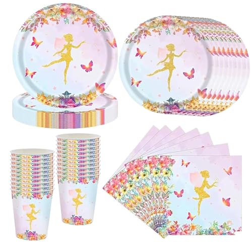 60 peças Conjunto de louça de festa de fada, conjunto de 20 convidados, borboleta, fada e borboleta, prato de festa, aniversário, decoração, borboleta, conjunto de pratos, guardanapos, copos de papel