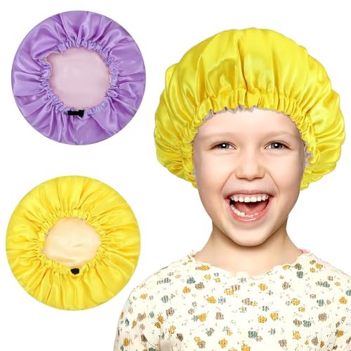 2 Pcs Baby Bonnet, Double Layer Satin Bonnet for Kids Silk Adjustable Kids Sleeping Cap Soft Wide Band Sleep Cap for Sleeping Night Hat for Toddler Child Natural Hair Curly Hair(Pueple+Yellow)