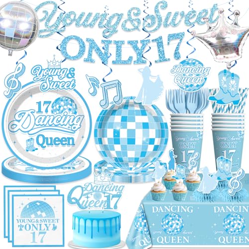 Xynic 182Pcs Dancing Queen Party Decorations 17, Dancing Queen Tableware Set with Plates and Napkins Serves 25, 2 Tablecloths, Pre-strung Banner, and Cake Toppers for 17 Birthday Decorations for Girls