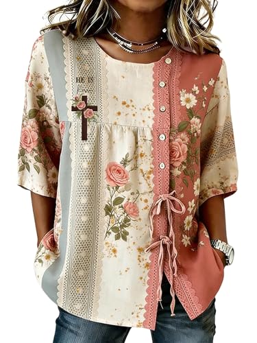 Women's Retro Christian Faith Floral Print Blouse, He is Risen Easter Cross Top, 3/4 Sleeves Blouse (Multicolored, Large)