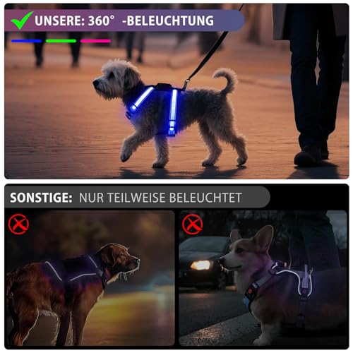 KOSKILL LED Hundegeschirr mit Akku-Anzeige, USB-C Aufladbar, RGB Leuchthalsband (Blau Grün Rosa) frei wählbar, 3 Modi, Reflektierend für Nachtspaziergang Sicherheit, Kleine Hunde Welpen Katzen S