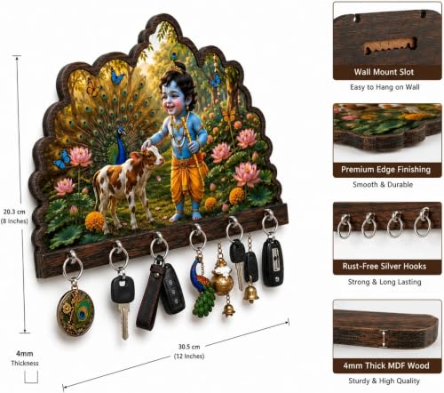 Image of Baby Krishna Wooden Key Holder for Wall | 7 Hooks Key Stand with Cow, Peacock & Lotus Design | Decorative Wall Mounted Key Hanger for Home Entrance, Living Room, Office, Gift