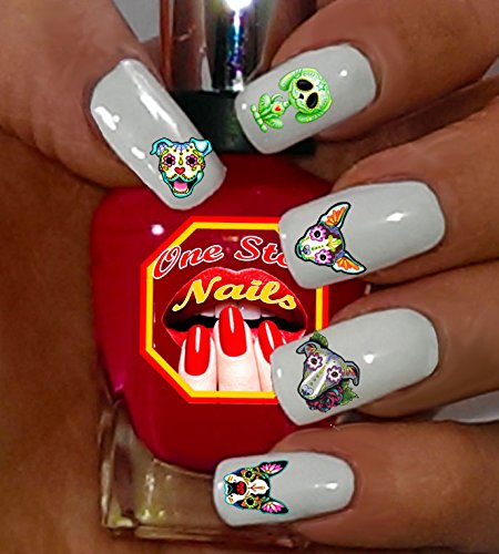 Sugar Skull Dog Nail Art Decals (Tattoo). Set of 56 Clear waterslide nail art decals. Dia de los Muertos. SSD001-56 by One Stop Nails