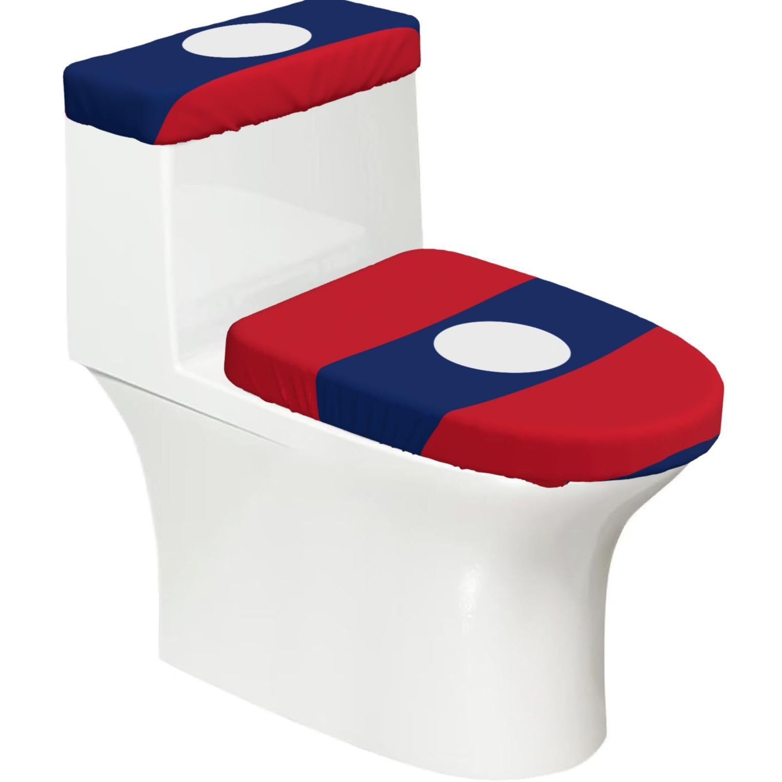 Flag of Laos Elastic Toilet Cover Set of 2-Stretchy Lid and Tank Covers for Bathroom, Soft Washable U Shape Toilet Decor