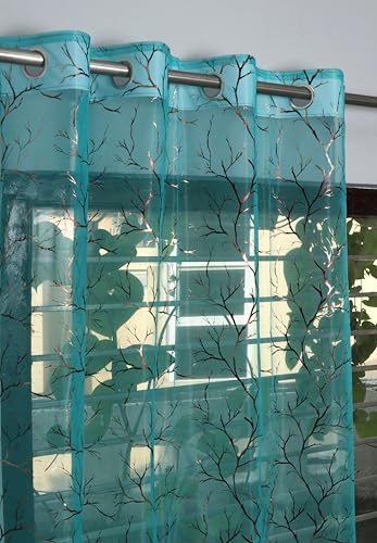 Image of littlelotus Tree Print Tissue Net Sheer Transparent Grommet Curtains for Door 7 feet Long Set of 2, Turquoise