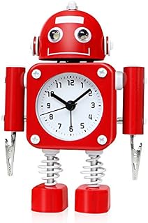 Betus [Non-ticking Robot Alarm Clock Stainless Metal - Wake-up Clock with Flashing Eye Lights and Hand Clip (Ruby Red)