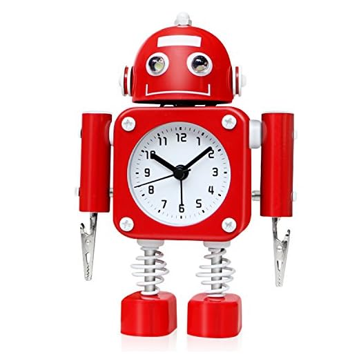 Betus Non-Ticking Robot Alarm Clock Stainless Metal - Wake-up Clock with Flashing Eye Lights and Hand Clip (Ruby Red)
