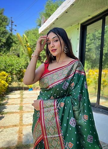 Image of Panzora Women's Patola Silk Meenakari Work Saree With Unstitched Blouse Piece
