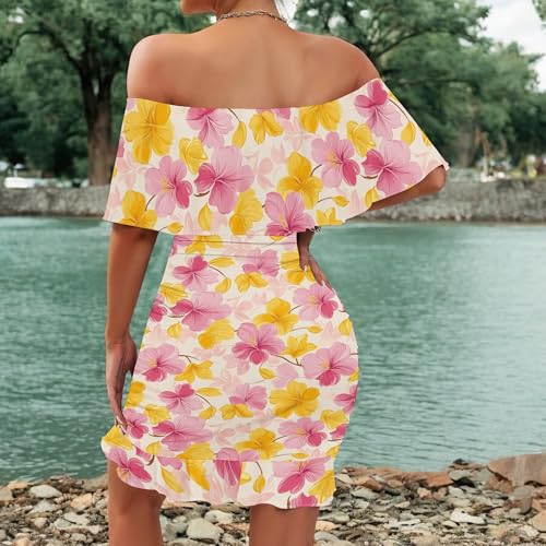 Image of PinkPatty Summer Mini Dress for Women Off Shoulder Ruffled Bodycon Dresses Short Beach Sundress
