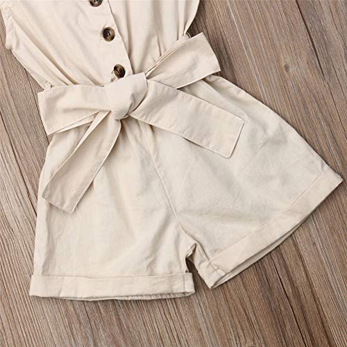 Rtnnsbbfcm Toddler Baby Girl Turn Down Collar Romper Bodysuit with Belt Buttons Solid One Piece Jumpsuit Outfit Clothes (Beige,4-5T) - Thumbnail 7