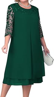 Plus Size Cocktail Dress for Curvy Women 1/2 Sleeve Floral Embroidery Chiffon Wedding Guest Dress