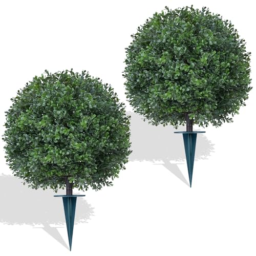Yangrass 2Pcs Artificial Boxwood Topiary Ball Tree, UV Resistant Artificial Outdoor Shrubs with Spike, Decorative Evergreen Fake Topiary Bushes Plant for Front Porch Garden
