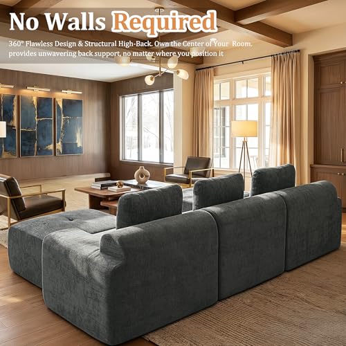 Image of 159 inch Oversized Boneless Couch, Comfort Cloud Sectional Couches for Living Room, Modular Sofa High Back & Extra Deep Seat, No Assembly, Soft Chenille Fabric (Dark Grey, 159 inch-(4+0))