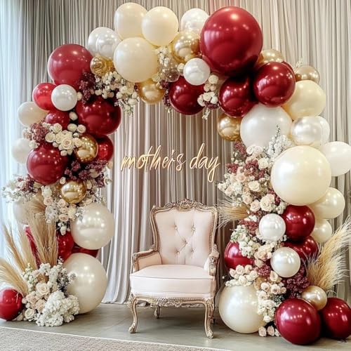 Image of Burgundy Gold Balloons Garland Double Stuffed Pearl White Gold Maroon Wine Red Balloon Arch Kit for Wedding Baby Shower Bridal Birthday Party Decoration