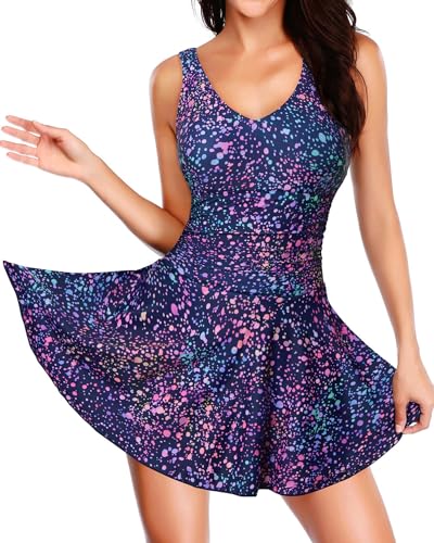 Image of Yonique One Piece Swimsuits for Women Modest Tummy Control Swimdress Vintage Bathing Suits Skirt Swimwear