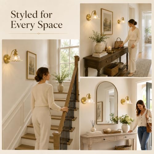 Image of Bright Brushed Gold Bathroom Wall Sconce Vintage Style, E26 Easy Mounted | Vanity Light with Flower Glass Shade, Bathroom Wall Lighting Fixture Beside Mirror, Easy Mounted for Bedroom, Hallway