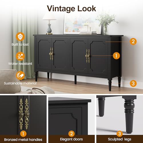 Image of FansaFurn 58'' Large Sideboard Buffet Cabinet with 4 Doors, Modern Credenza Buffet Table for Coffee Bar, Storage Cabinet for Dining Room Living Room, Black