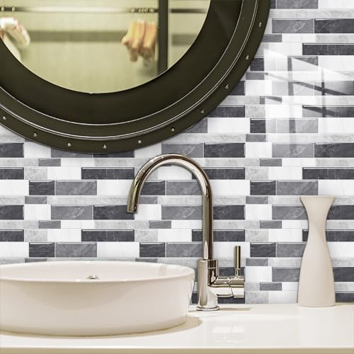 Azulejos Adhesivos Cocina 12x24 cm Ladrillo Gris De Mármol Vinilos Baño Azulejos Impermeable Azulejos Adhesivos Baño Vinilo Pared Decoración de Muebles Azulejos Adhesivos (10 Piezas)