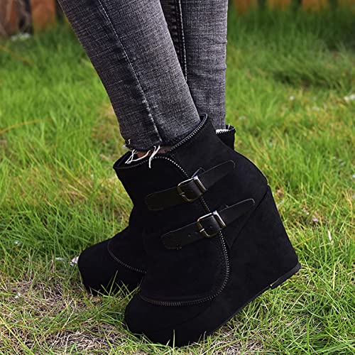 Hbeylia High Heels Boots For Women Boho Vintage Double Metal Buckle Suede Round Toe Platform Wedge Chunky Heels Ankle Booties With Side Zipper Casual Wide Mid Calf Dress Short Boots For Wedding Party4
