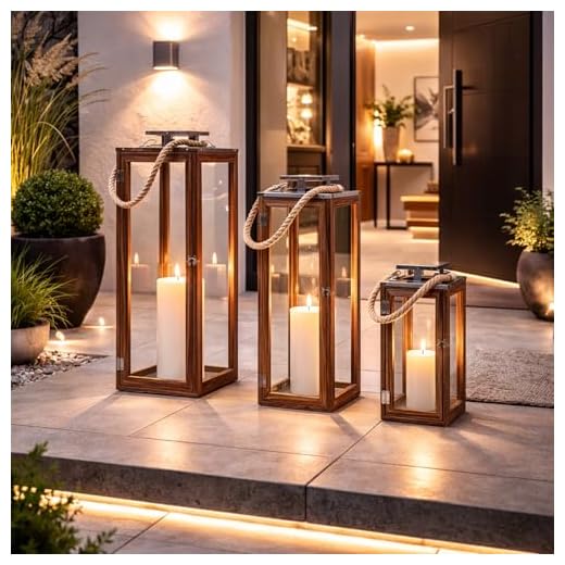 Mojawo 3er XXL Laternen Set Gartenlaternen Stalllaternen Massivholz Windlicht ca.14x14x31 cm + 19x19x51cm + 70x24x24cm mit Edelstahldach