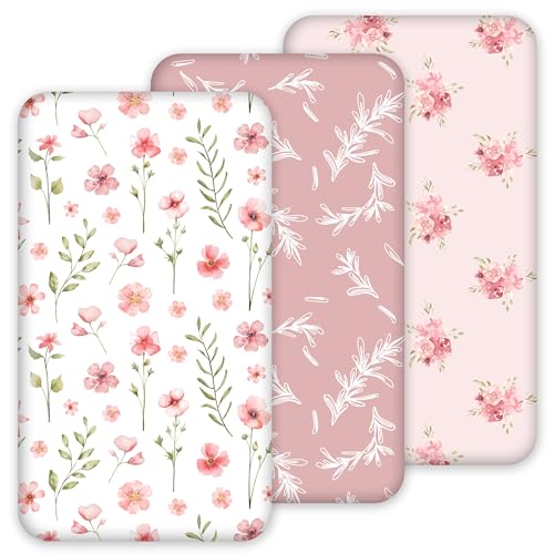 Image of Nap Mat Sheet 47"x24", 3 Pack Pink Floral Baby Crib Sheets Fitted Elastic Corners, Preschool Day Care Rest Mat Cover, Soft Breathable - Compatible with Regalo My Cot, Joovy Travel Cot