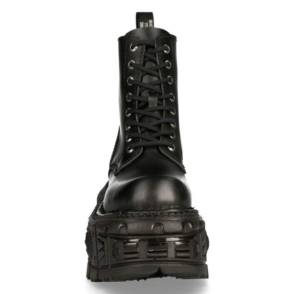 Stivali Unisex New Rock M-MILI084N-S5 in 100% Vera Pelle Techno Nera Metallizzata con Plateau e Chiusura con Lacci da Militare