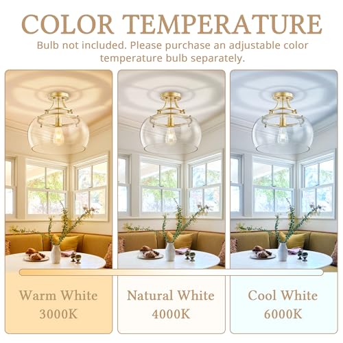 Image of KARTOOSH Industrial Round Chandelier Rustic Ceiling Light Fixture Farmhouse Pendant Light with Clear Glass Shade for Dining Room Hallway Entryway Kitchen Bedroom, Gold