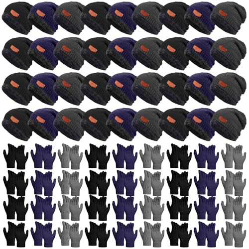 Toulite 72 Pcs Kids Winter Hats Gloves Bulk Warm Knitted fleece Beanie Knitted Gloves Cold Weather for Boys Girls Homeless