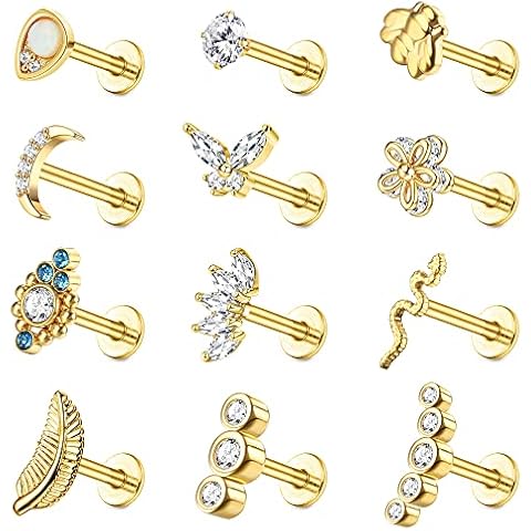 HAIAISO 12PCS Cartilage Earring Stud Piercing for Women 316L Stainless Steel Lip Rings Internally Threaded 16G Helix Labret Tragus Studs Conch Earrings Monroe Medusa Piercing Jewelry Set(Gold) Cover