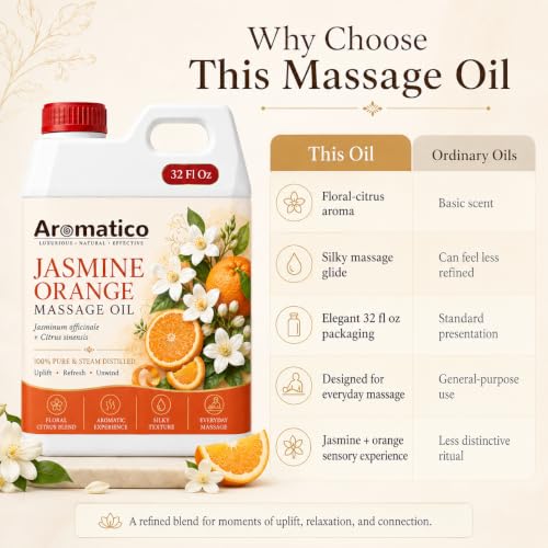 Image of AROMATICO Jasmine Orange Massage Oil for Skin & Body | Lightweight Professional Grade Refill Pack - 1000ml (1L Bulk)