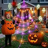 [Motion Activated Lighting&Speaking] 20 * 17FT Halloween Spider Web 150 Led Purple&Orange Lights Light Up Lighted Triangular Giant Waterproof with 200sqft Cobweb for Outdoor Decor Yard Decoration