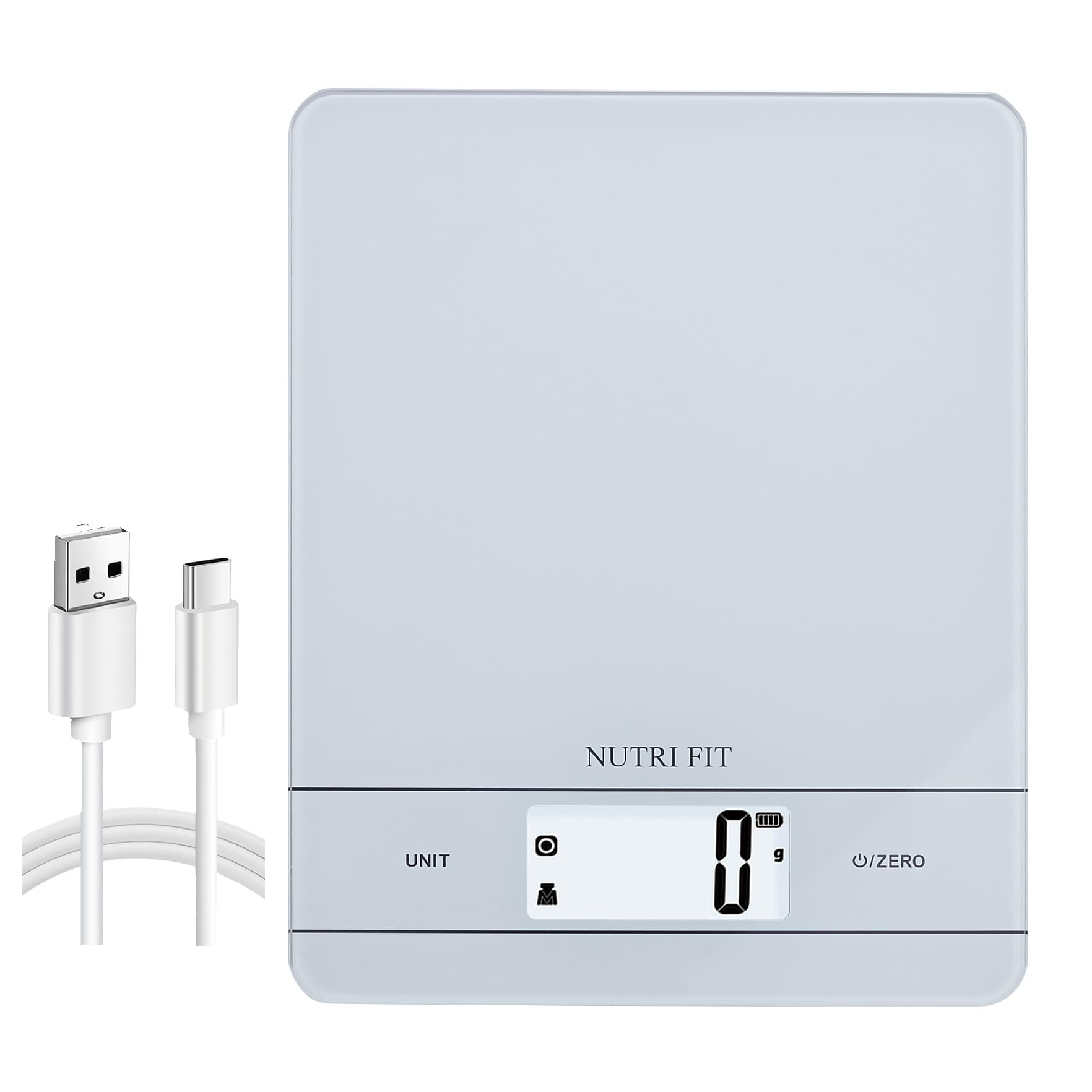 NUTRI FIT Wiederaufladbare Digitale Küchenwaage, USB-Type C Elektronische Lebensmittelwaage, Breites Gehartes Glas Wiegeplattform, Hinterbeleuchtetes LCD, 11lb/5kg, Back- & Kochwaage, Weiss