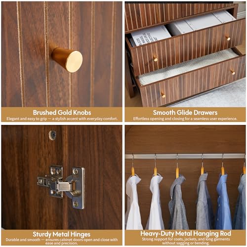 LEVNARY Arched Armoire Wardrobe Closet, Mid-Century Modern 2-Door Freestanding Wardrobe with Hanging Rod and 2 Drawers, Fluted Carved Clothing Storage Cabinet for Bedroom (Walnut) - Image 5