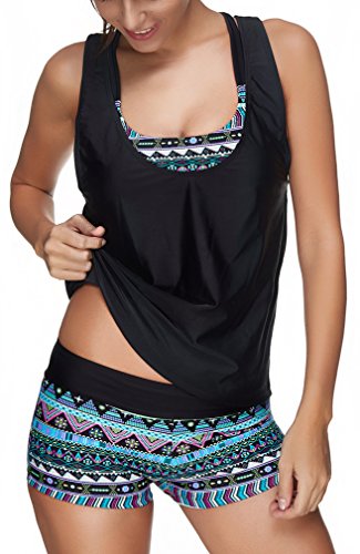 Sucor Damen Separable Badeanzüge Sport Yoga Fitness 3-Teilig Tankini mit Shorts Strand Bikini Set Beachwear(XL,Blau)
