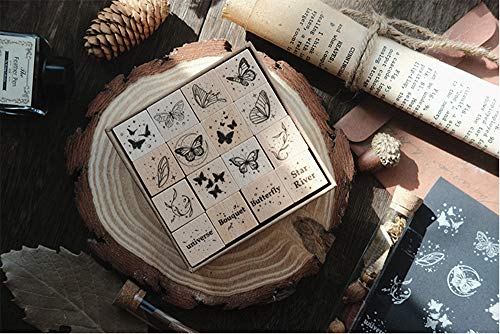 Fciqven 16 Pcs Vintage Wooden Rubber Stamp Set, Butterfly Decorative Stamp Wood Rubber Stamp for DIY Craft, Scrapbooking, Card Making, Gift Wrapping, Journals