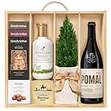 Lote Gourmet Navidad Regalo Primora con chocolate, almendras garrapiñadas, aceite de oliva virgen extra, queso manchego, vino tinto Rioja y un arbolito navideño natural en caja de madera