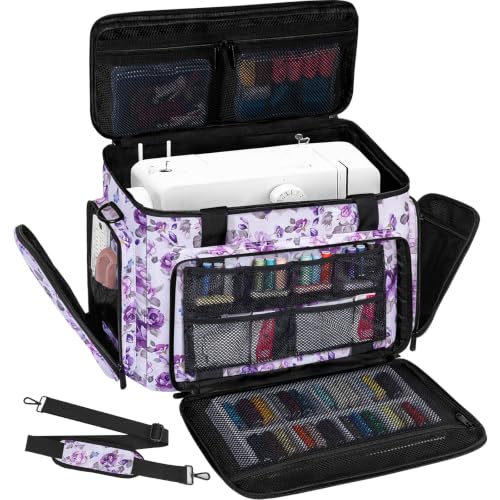 Image of Sewing Machine Carrying Case with Multiple Storage Pockets Large Capacity, Universal Tote Storage Bag Compatible with Most Standard Singer, Brother, Janome, Rose Pattern