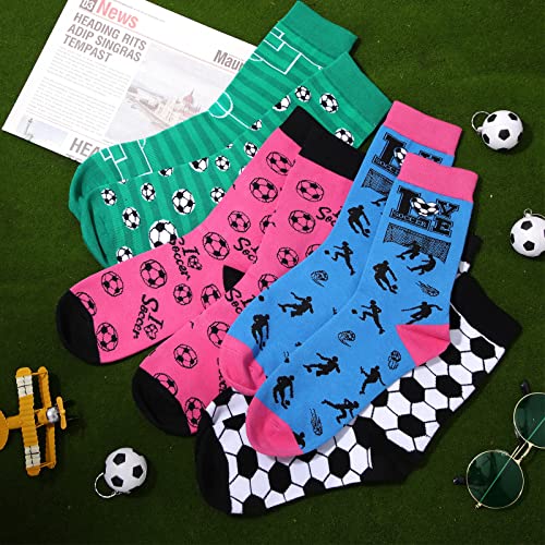 Vicenpal 4 Pairs Novelty Football Basketball Soccer Golf Socks Casual Crew Socks Gift For Men Women Teens Sports Series Socks (Soccer Style), 6-12 #TOP3