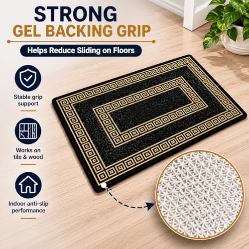 Image of Matz&More Greek Double Line Floor Mat | 40x60 CM | Black Gold | Nylon Tufted Gel Baking Anti-Slip | Doormat for Home Entrance, Kitchen & Bedroom
