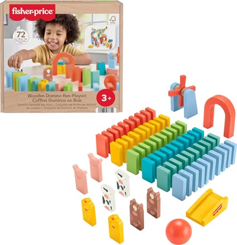 fisher-price wood preschool game domino run playset 72-piece wooden building set for kids ages 3 years