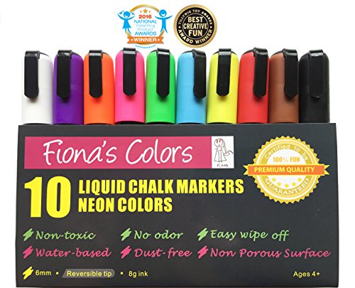 Fiona's Colors Wet Erase Non-Toxic Liquid Chalk Markers, 10 Assorted Neon Colors, 6mm Reversible Tip / 8g ink, For Use on Whiteboard, Chalkboard, Window, Glass