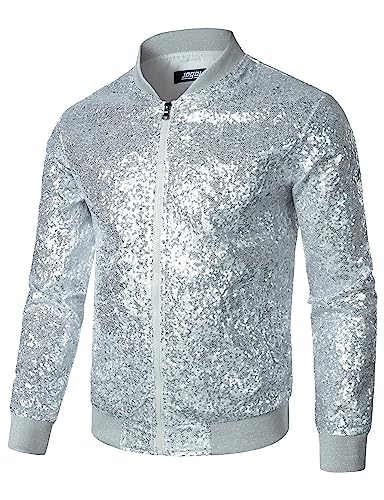 JOGAL Mens Sequins Nightclub Styles Zip up Varsity Baseball Bomber Jacket Small A346 Silver