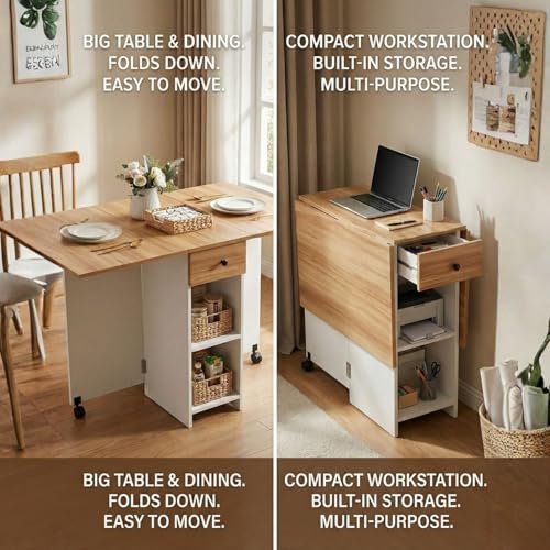 Image of FFO Folding Dining Table for Small Spaces | Compact Table with Drawer & Storage Shelves | Red Oak & White Finish | 120 x 72 x 75 cm | DIY Assembly