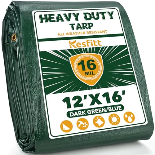 Image of Kesfitt 16 Mil Heavy Duty Waterproof Tarp with Metal Grommets, Dark Green & Blue Reversible Poly Tarp, 12x16 ft, for Outdoor Protection, Yard, Garden, Farm, Camping & Equipment Coverage