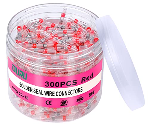 300PCS Red Solder Seal Wire Connectors 22-18Awg,OURU Marine Grade Heat Shrink Wire Connectors,Waterproof Insulated Heat Shrink Solder Connectors,Butt Splice Wire Connectors