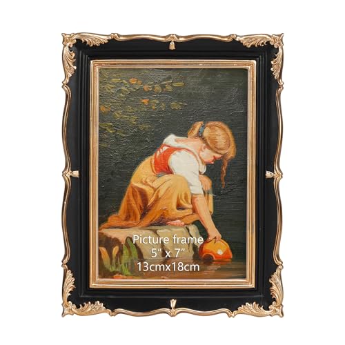 PHAREGE Vintage Picture Frame 5x7 Black Gold, 5 by 7 Ornate Decorative Antique Frame with Mat for 4x6 Photo, Fancy Matted Frame for Desktop or Wall, Horizontal or Vertical