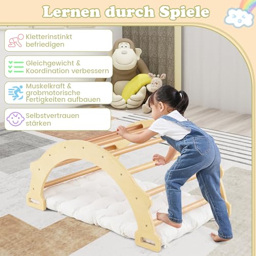 Foto von COSTWAY Kletterbogen mit weichem Kissen, Kletterdreieck zum Wippen, Klettern und Krabbeln, Indoor Klettergerüst aus Holz, für Kinder ab 3 Jahre (Natur)