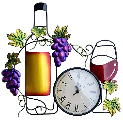 Newvees Metal Wine Wall Clock For Kitchen, Large 16 Inch Wine Metal Wall Art Decor, Decorative Wall Clock With Wine Bottle Wine Glass Fake Grape, Battery Operated For Home Living Room Dining Room #TOP10