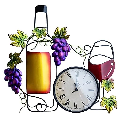 NewVees Metal Wine Wall Clock for Kitchen, Large 16 inch Wine Metal Wall Art Decor, Decorative Wall Clock with Wine Bottle Wine Glass Fake Grape, Battery Operated for Home Living Room Dining Room