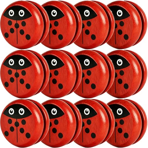 12 Pcs Yoyo for Kids Wooden Ladybug Yoyo Toy Wood Yo Yo Ball with Cartoon Pattern for Kids Classroom Rewards Halloween Christmas Birthday Party Favors
